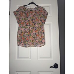 Pulse Boutique Short Sleeeve Blouse Xl Brown Green Pink Blue Orange Floral